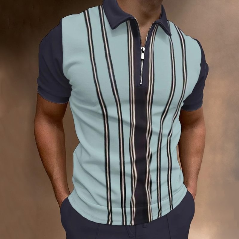 Striped Textured Print Short Sleeve Polo Shirt、、URBENIE