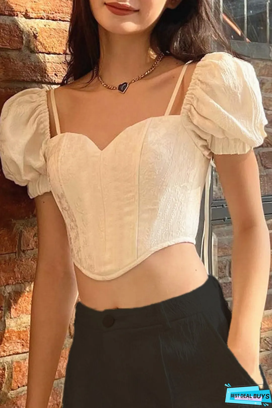 French Puff Sleeve Smocked Crop Top