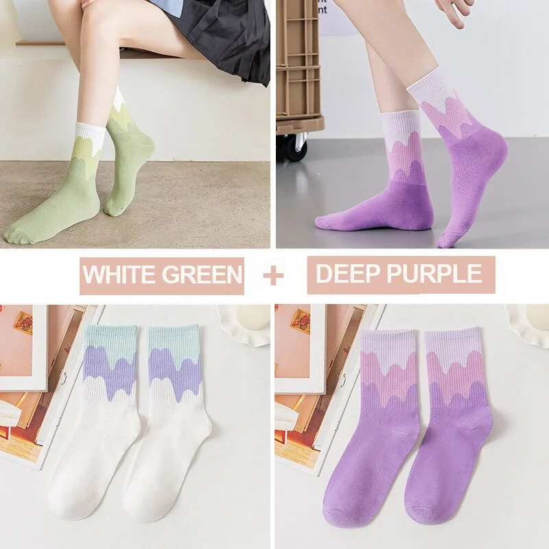 FINETOO 2Pairs/lot Women Midi Tube Socks Female Autumn Winter Candy Colors Korean Japanese Stitching Cotton Girls Graffiti Sock