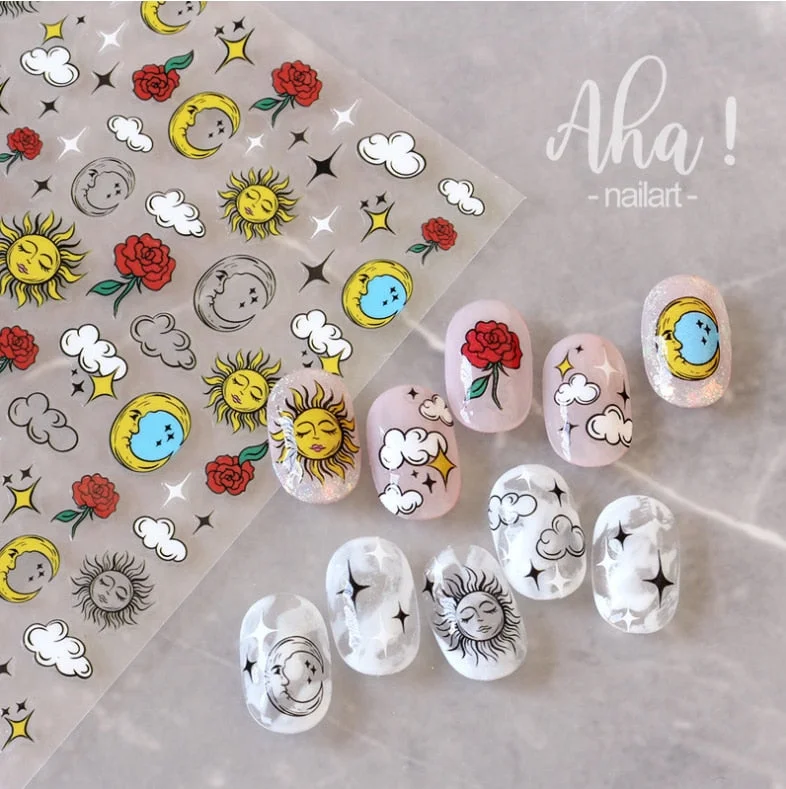 Nail Glue Stickers Ins Stars Moon Cartoon Rabbit Panda Flower Nail Decoration Decals Nail Sticker Animal Nail Art Decorations-Nail Inspo