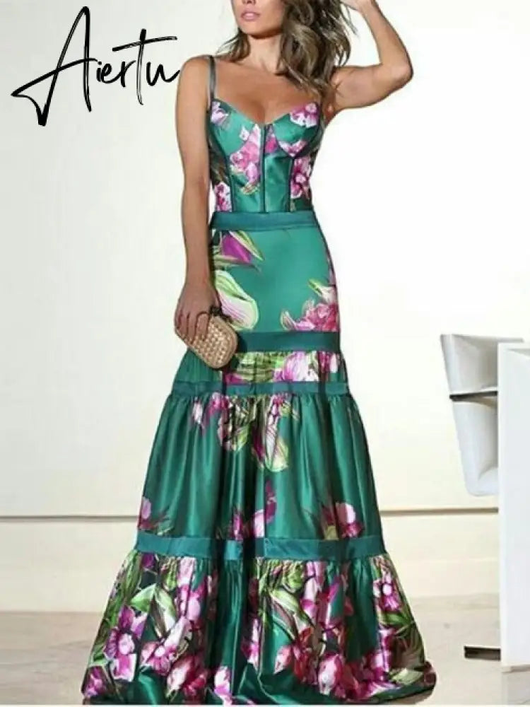 Floral Print Mermaid Dress Women Tunic Long Beach Cover Up Maxi Beach Wear Pareos De Playa Mujer Women Elegant Party Dress Aiertu