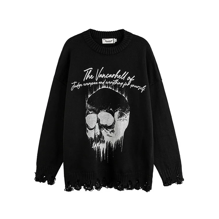 High Street Skull Sweater Street Hip Hop Loose Ripped Sweater at Hiphopee