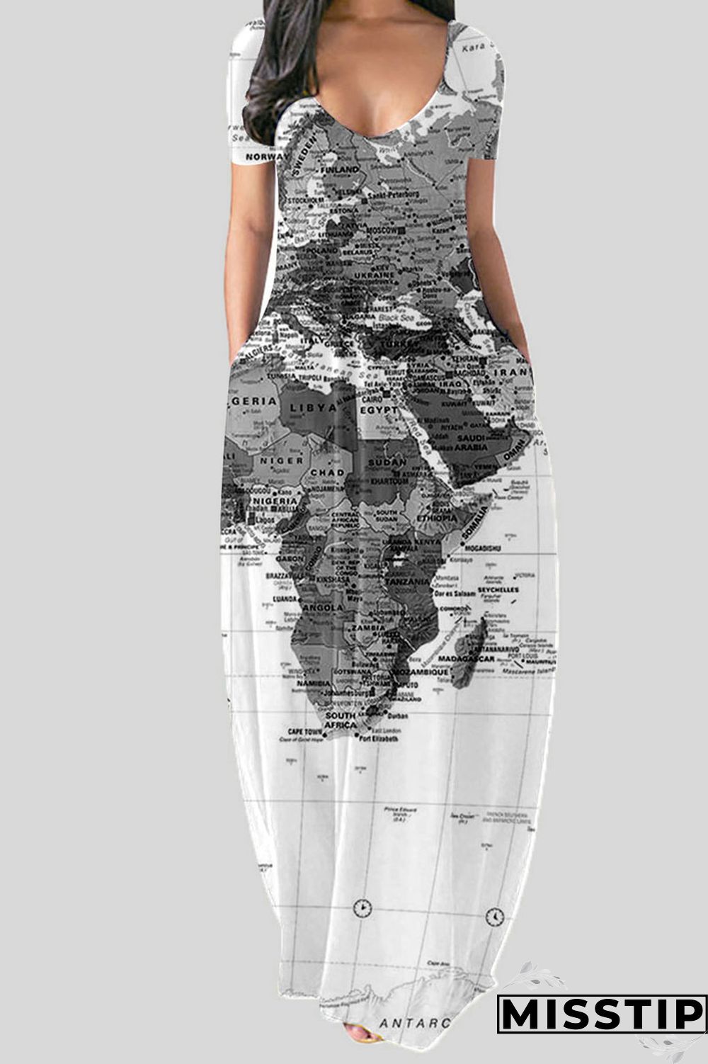 Black Casual Print Patchwork V Neck Straight Dresses