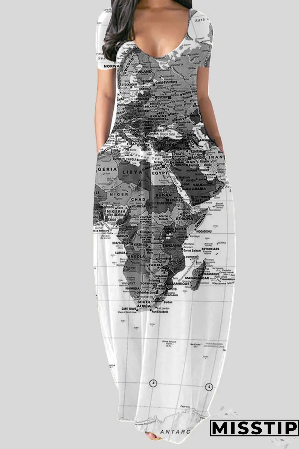 Black Casual Print Patchwork V Neck Straight Dresses