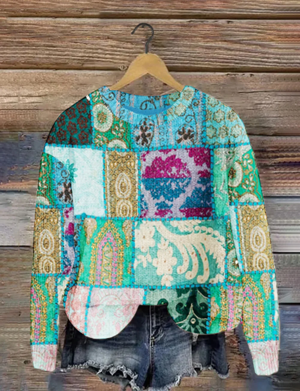 Women's Vintage Colourful Abstract Patchwork Art Print Shirt