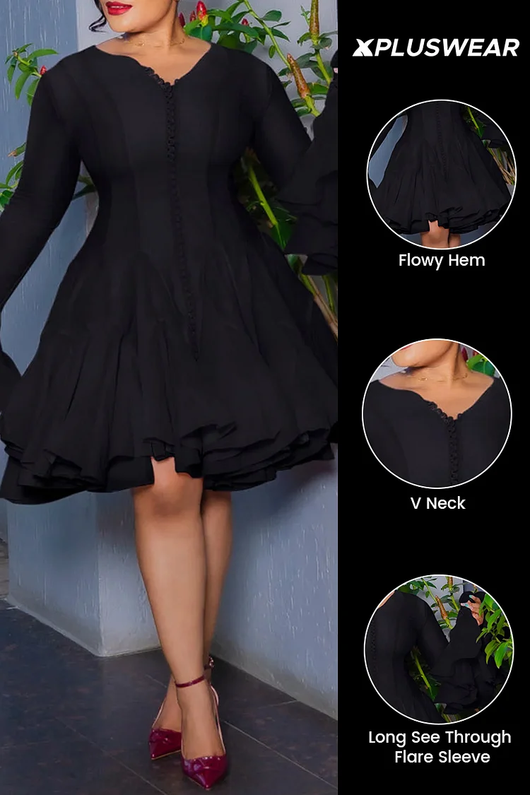 Plus Size Wedding Guest Black V Neck Flare Long Sleeve Ruffle Elegant Button Mini Dresses [Pre-Order]