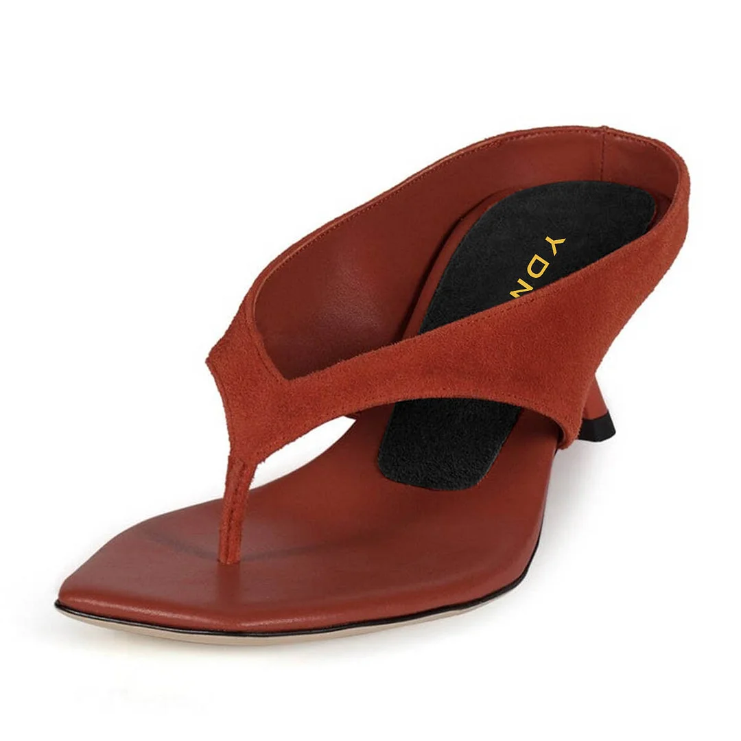 Burgundy Open Square Toe Flip Flop Patchwork Spool Heeled Sandals
