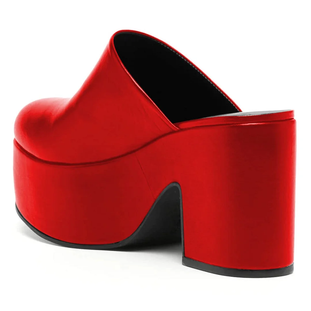 Red Block Heel Slip-On Round Toe Platform Mules for Women