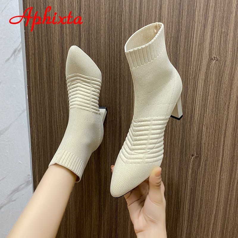 Aphixta 2022 New Beige 7cm Metal Blade Heels Stretch Fabric Ankle Socks Boots Women Elastic Stilettos Heel Pointed Toe Shoes
