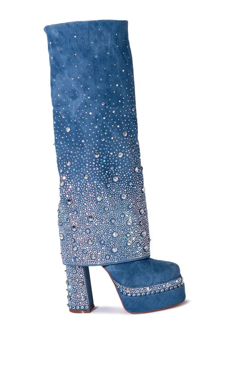 VCSHOES Women's Blue Cowboy Boots Women's Blingbling Crystal Knee-High Boots Platform Pants Boots Stage Show Shoes 44