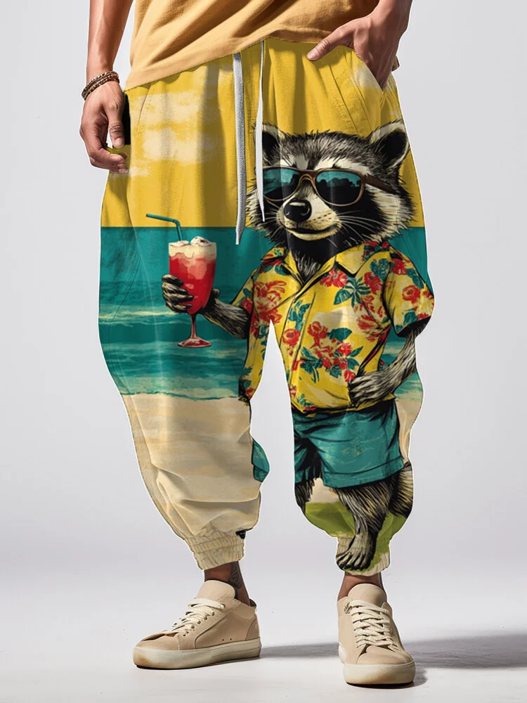 Men's Seaside Raccoon On Holiday Print Loose Drawstring Waist Sweatpants