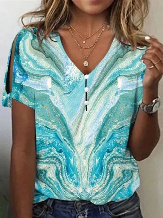 Women Marble Style Patchwork Print Split Sleeve Top