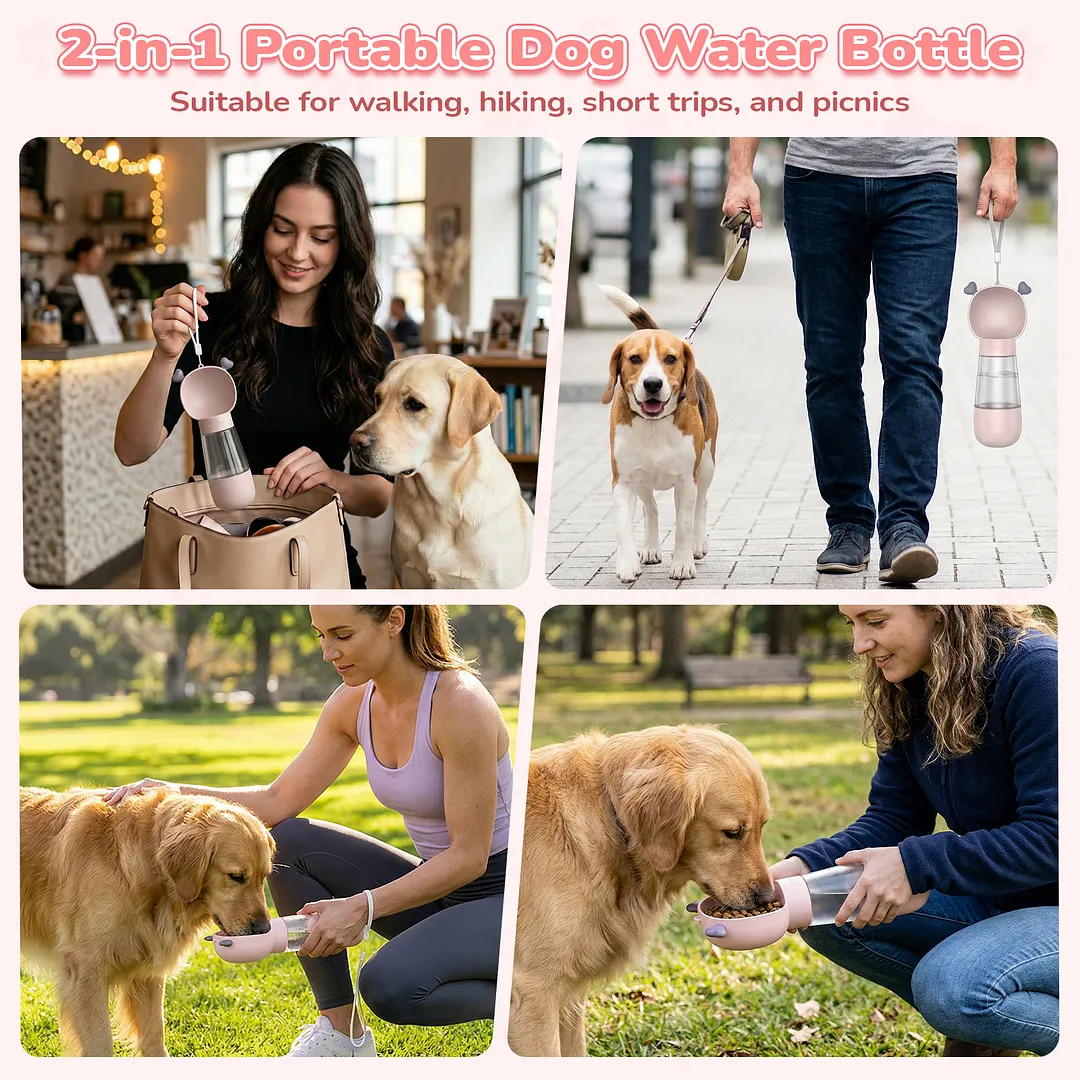 BEBANG Dog Water Bottle with Food Container, Leak-Proof Portable Pet Travel Water Cup, BPA-Free, 11.8oz/350ml Capacity for Dogs & Cats (Pink)