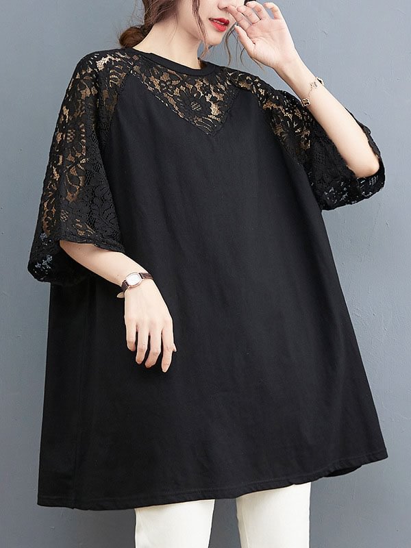 Stylish Hollow Split-Joint Lace Half Sleeves Shirts Tops