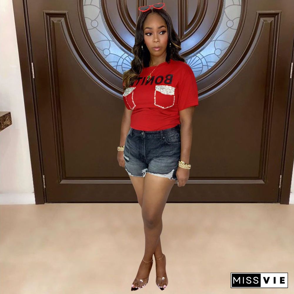 Hot Drilling Short Sleeve O Neck Casual T Shirt