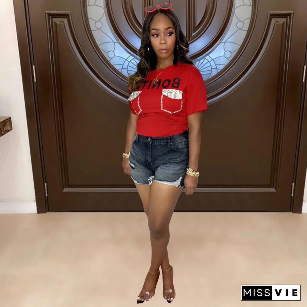 Hot Drilling Short Sleeve O Neck Casual T Shirt