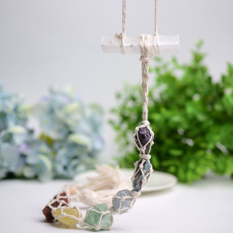 Chakra Raw Stone with Selenite Stick Crystal Hanging Jewelry