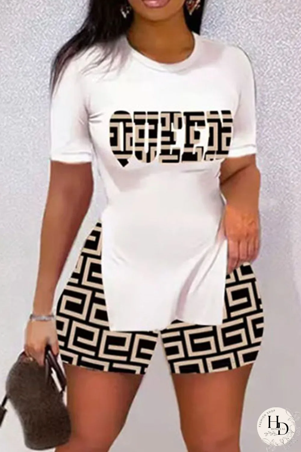 Brown Casual Print Patchwork Slit O Neck Short Sleeve Two Pieces