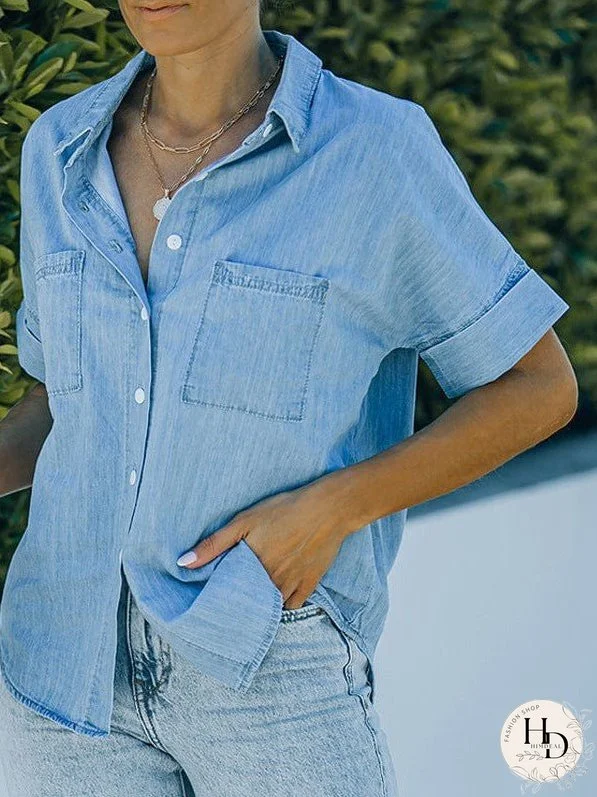 Women's Striped V-Neck Denim Shirt