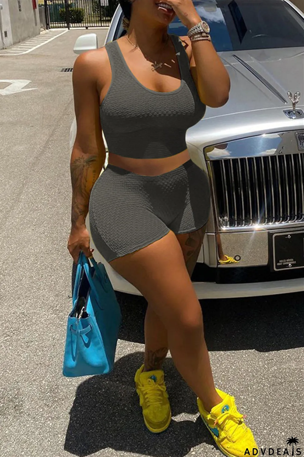 Yellow Fashion Casual Solid Basic U Neck Sleeveless Two Pieces