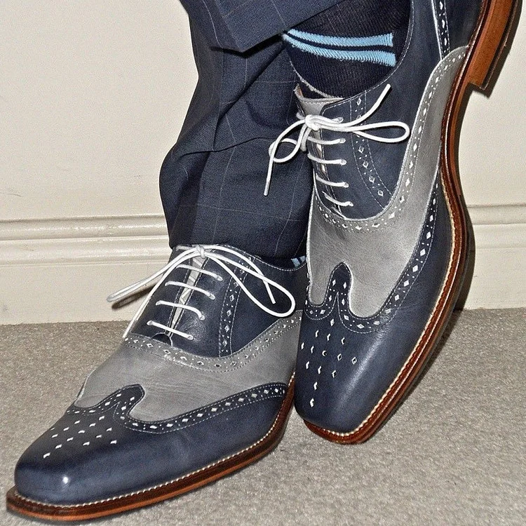 Men Two Tone Wing Tip Brogue Formal Shoes Blue And Gray Dress Shoes