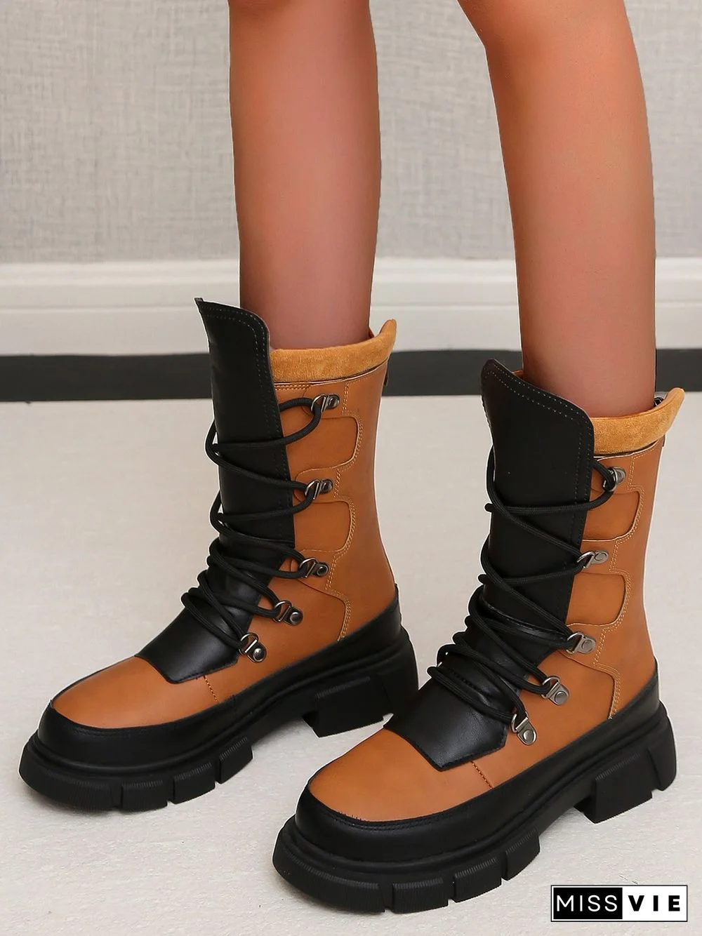 Vintage Contrast Lace-Up Tall Chunky Heel Outdoor Boots