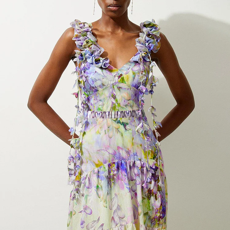 【I AM MARI】Crete Color Scheme Pleated One Piece Gradient Flowers Printed One Piece Swimsuit and Skirt