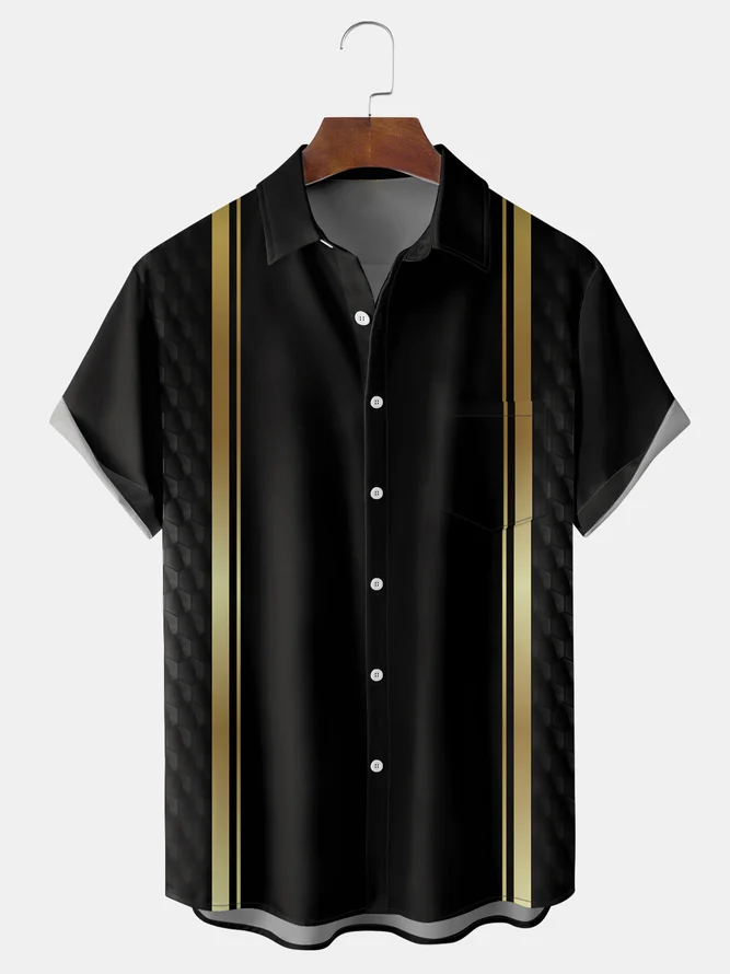 Black Gold Geometric Chest Pocket Short Sleeve Bowling Shirt