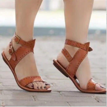 Women Sandals  Flat Gladiator Leather Sandals Summer Shoes Woman Rome Style Single Buckle Casual Beach Sandles Plus Size 35-43