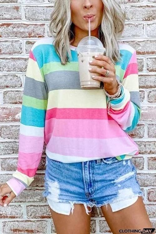 Rainbow Stripe O Neck Long Sleeve T Shirt