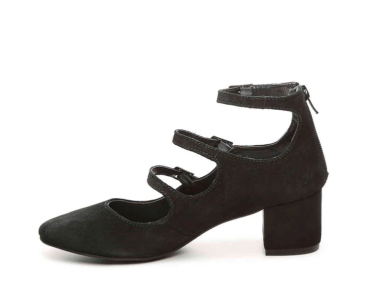 Black Flower Embroidered  Mary Jane Shoes Buckles Chunky Heel Pumps |FSJ Shoes