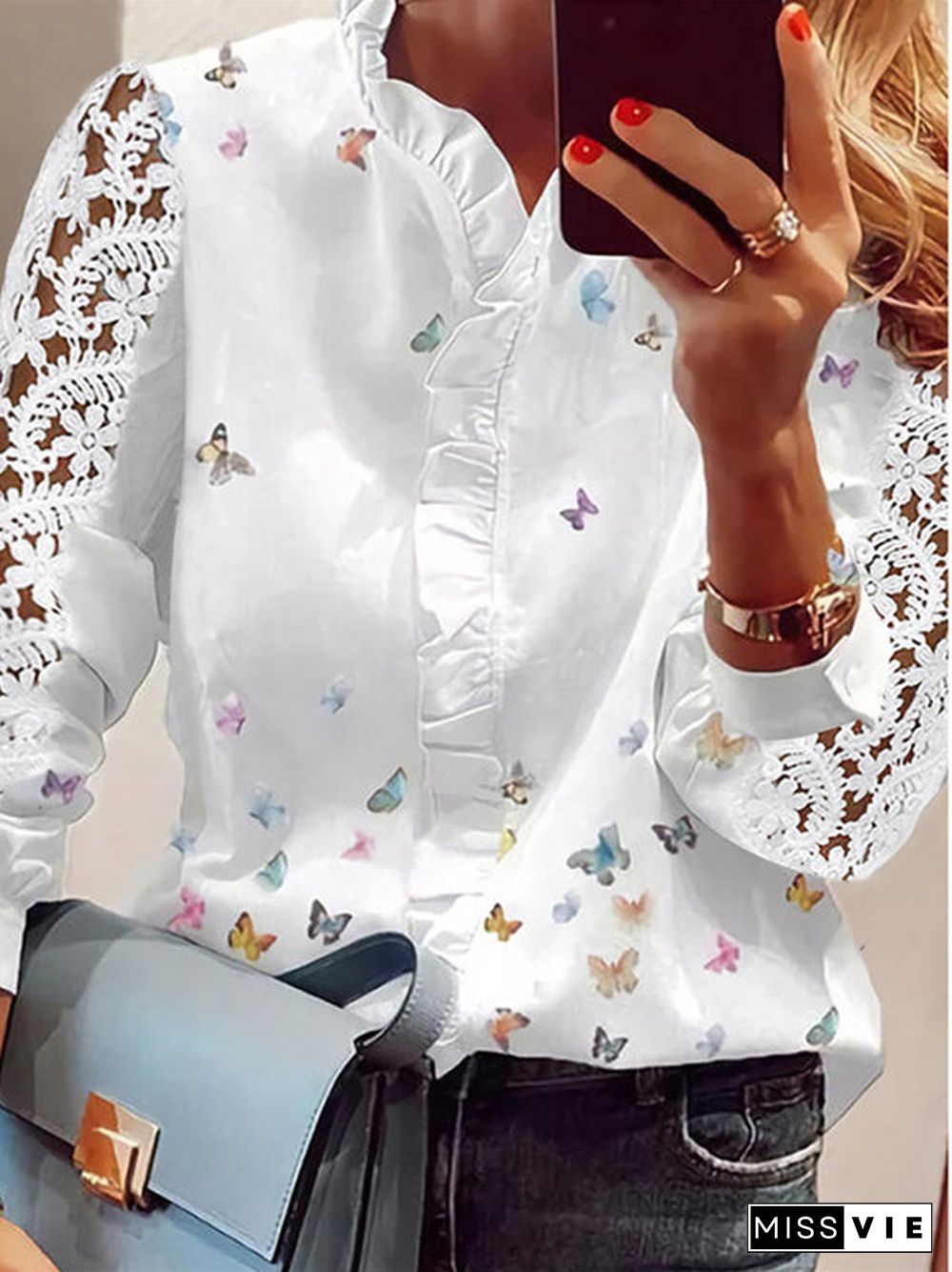 Women's V-Neck Long Sleeve Hollow Stitching Graphic Floral Printed Printed Tops