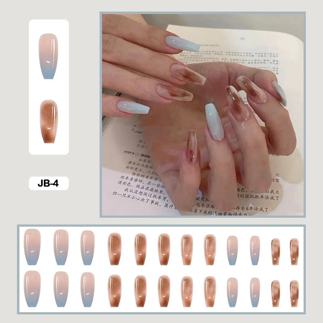 24pcs Gradient Amber Marble Texture Nails Art Long Trapezoid False Nails Wearable Fake Nails With Glue And Wearing Tools