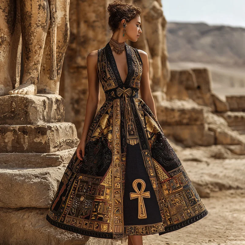 Women's Vintage Egyptian Ankh Symbol Pattern Casual Long Dress