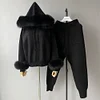 Jxwatcher Women's Sweater Set Real Fox Fur Collar and Cuffs Wool Blend Hooded Knitted Tops Ladies Autumn Fashion Pullover Female
