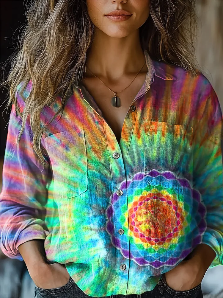Women's Trippy Tie Dye Kaleidoscope Print Casual Long Sleeve Comfortable Cotton Shirt