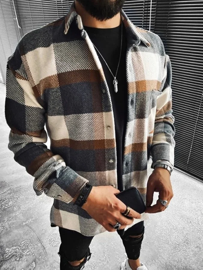 Men Fashion Check Casual Long Sleeve Jacket