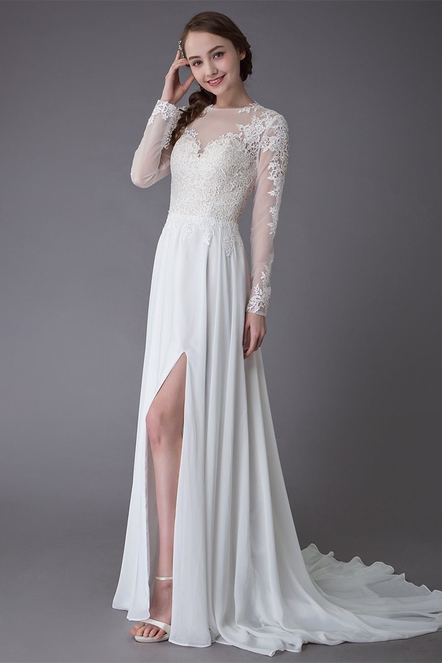 Long Sleeves Lace Slit Wedding Dress PD0371 - Okdais