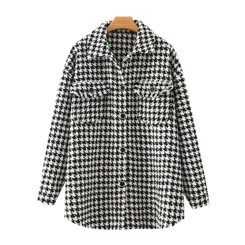 TRAF Women Fashion Oversized Houndstooth Frayed Tweed Jacket Coat Vintage Long Sleeve Pockets Female Outerwear Chic Top