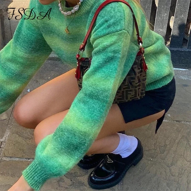 FSDA 2021 Tie Dye Knitted Pullover Women O Neck Autumn Winter Green Y2K Casual Long Sleeve Oversized Sweater Jumper Fashion