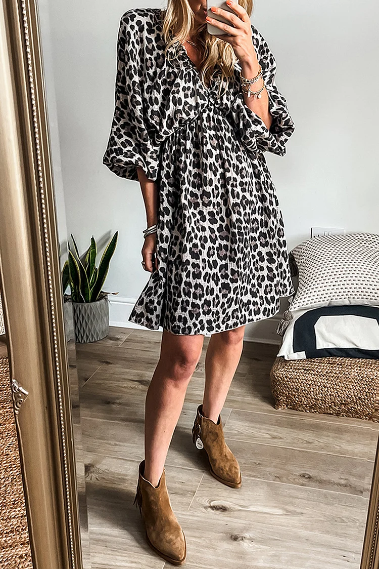 Women's V-Neck Leopard Print Short Sleeve Mini Dress