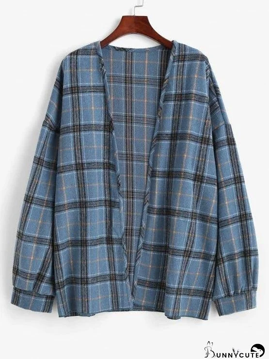 Plaid Drop Shoulder Open Front Coat
