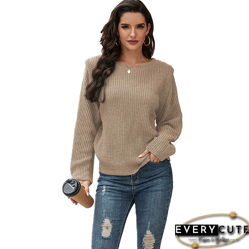 Khaki Knitted Pullover Long Sleeve Sweater