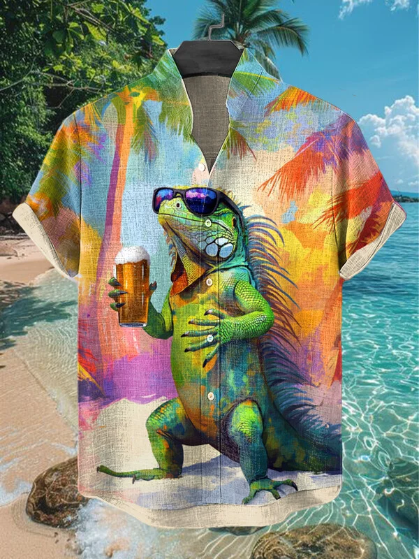 Men's A Green Iguana Wearing Sunglasses Print Short Sleeve Shirt