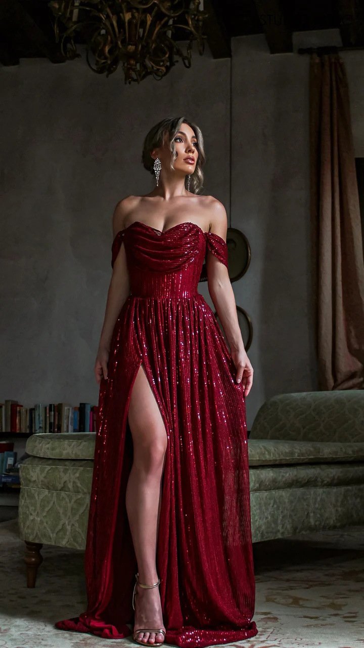 Gorgeous Off Shoulder Cold Sleeve Pleated Bodice Front Slit Sequins Gown
