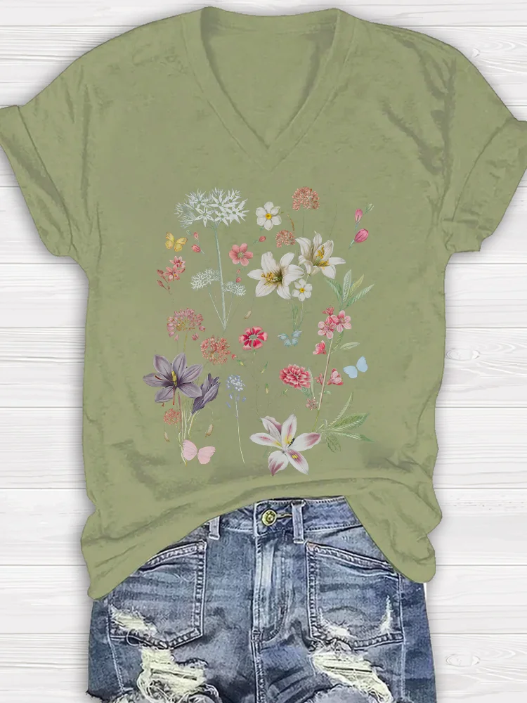 Lily Flower Plant V Neck Print Women's T-shirt