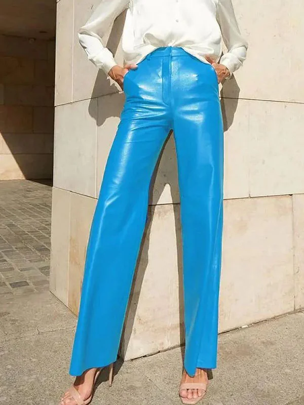 Skinny Leg Straight Leg High-Waisted Solid Color Split-Joint PU Pants Trousers
