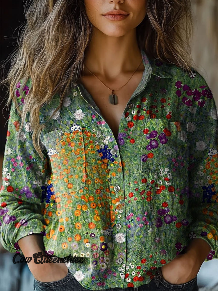 Women’s Vintage Flower Art Print Casual Long Sleeve Comfortable Cotton Shirt Multicolor / S