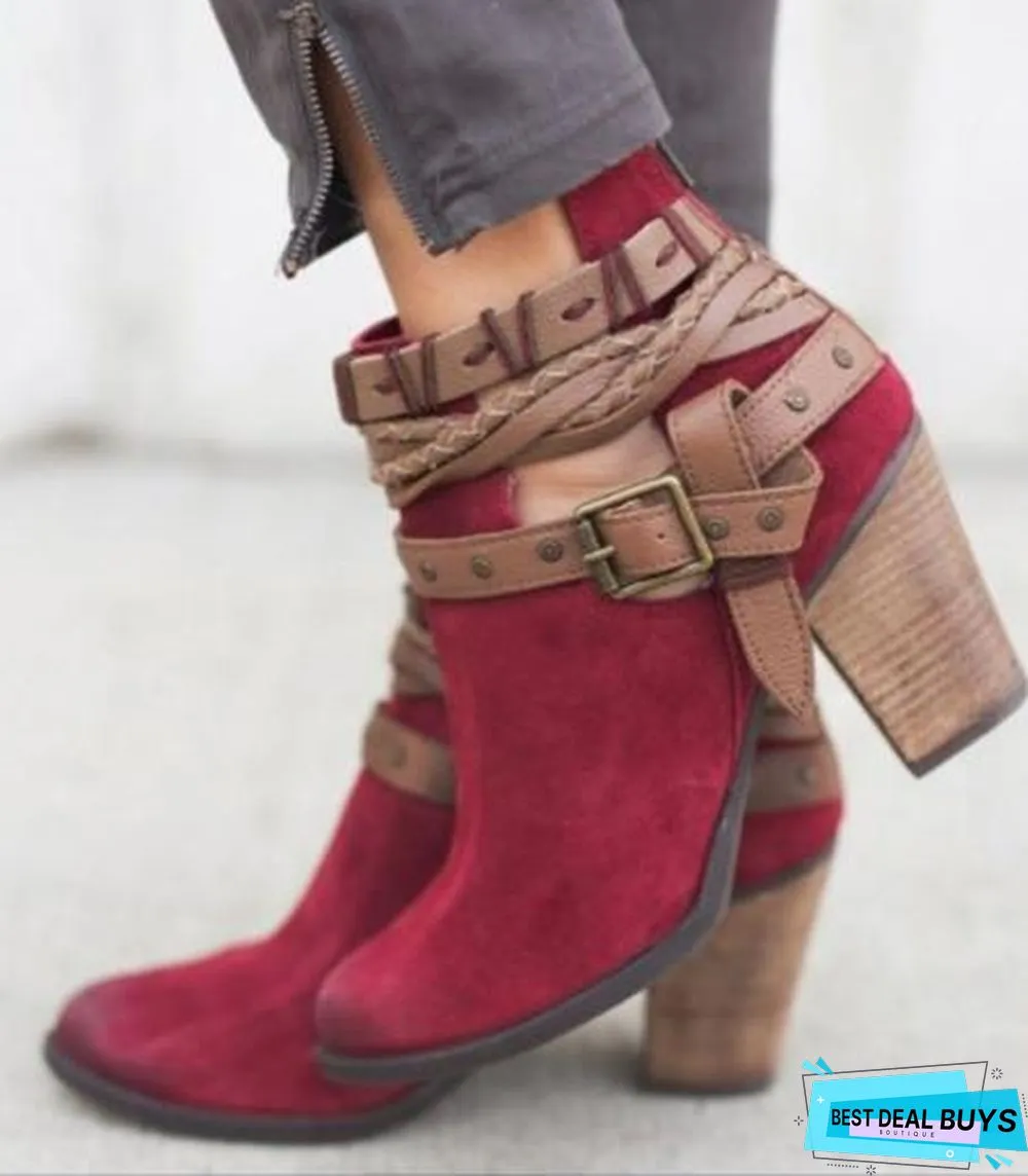 Women Boots Chunky Heels Winter Shoes Woman Suede Leather Snow Ankle Boots