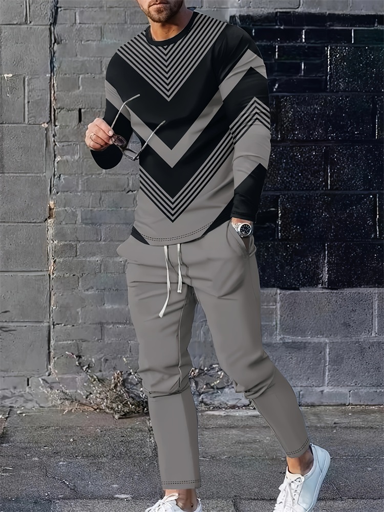 Geswet 2025 New Spring And Autumn Men's Long Sleeve T-shirt And Long Pants Set Daily Street Men's Fashion Long Sleeve T-shirt